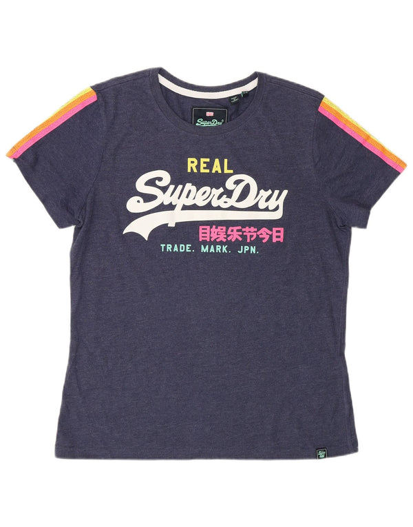 T-shirt grafica da donna SUPERDRY Top UK 14 grande cotone blu navy