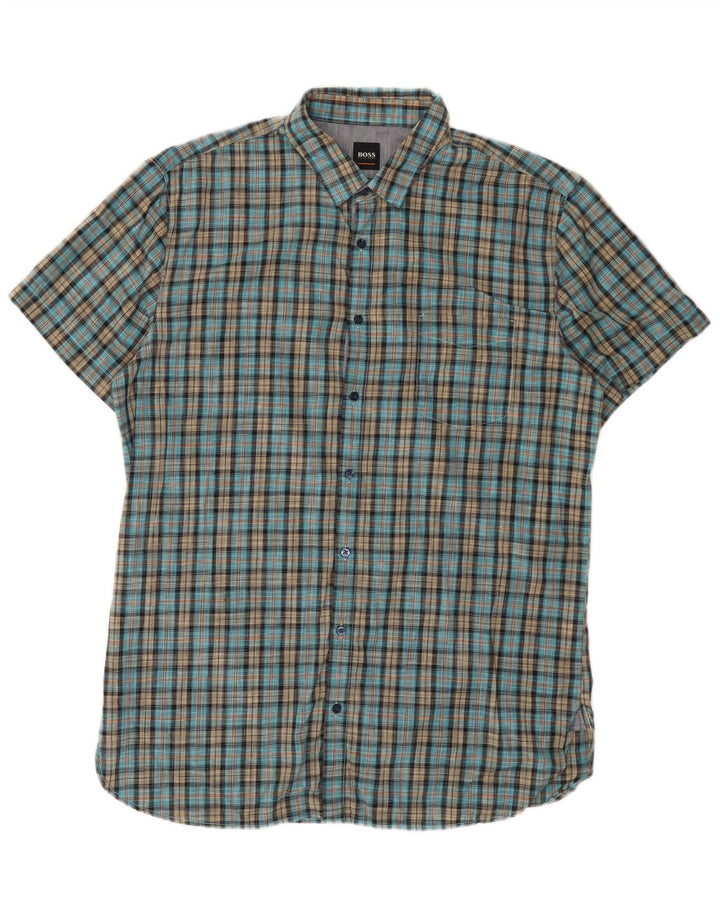 Camicia a maniche corte da uomo Hugo Boss XL in cotone a quadri blu