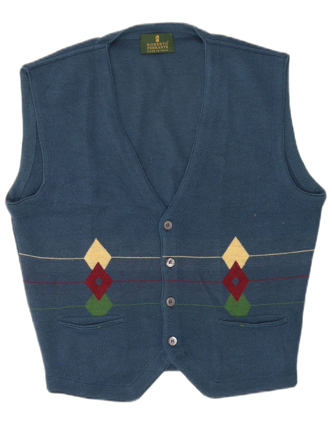 Maglione cardigan senza maniche vintage da uomo IT 50 Blu medio geometrico