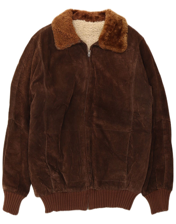 Giubbotto bomber vintage in pelle scamosciata Sherpa da uomo UK 36 piccolo marrone