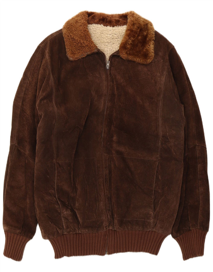 Giubbotto bomber vintage in pelle scamosciata Sherpa da uomo UK 36 piccolo marrone