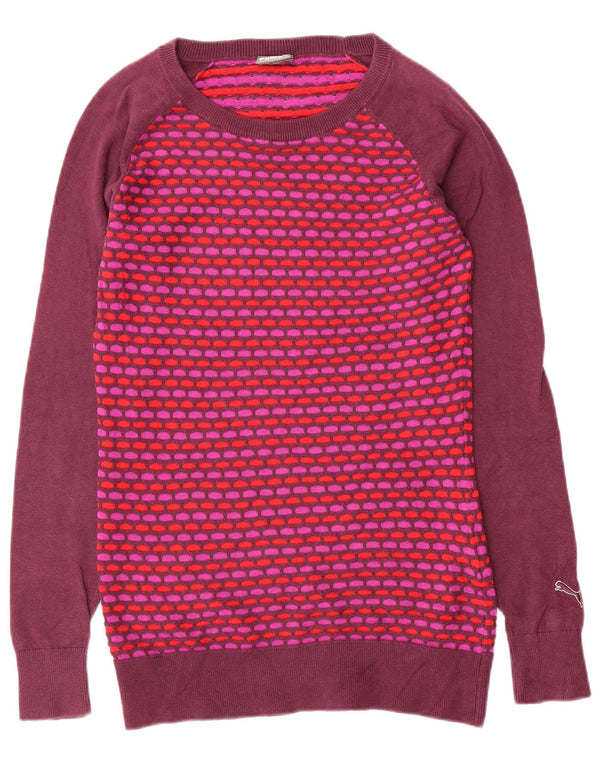 Maglione maglione con scollo a barca da donna Puma UK 8 piccolo cotone geometrico viola