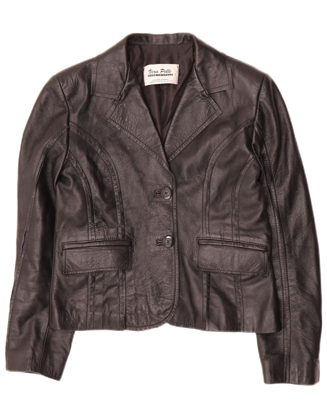 Giacca blazer a 2 bottoni corta da donna VINTAGE IT 42 media in pelle nera