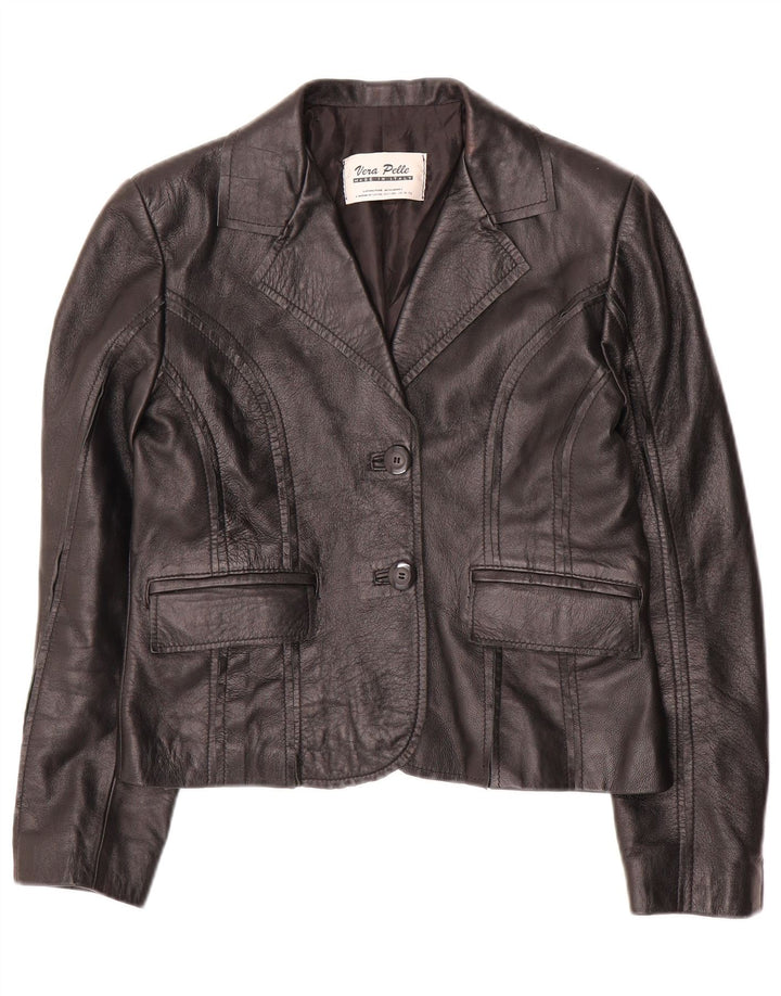 Giacca blazer a 2 bottoni corta da donna VINTAGE IT 42 media in pelle nera