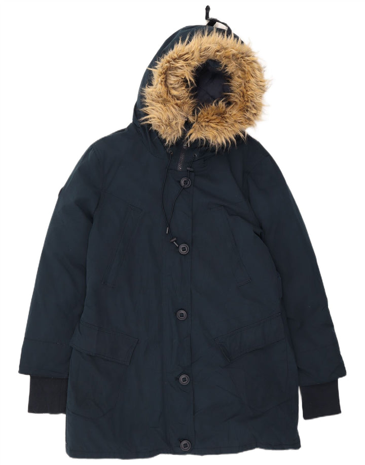 Cappotto imbottito con cappuccio da donna Superdry UK 16 grande poliestere blu navy