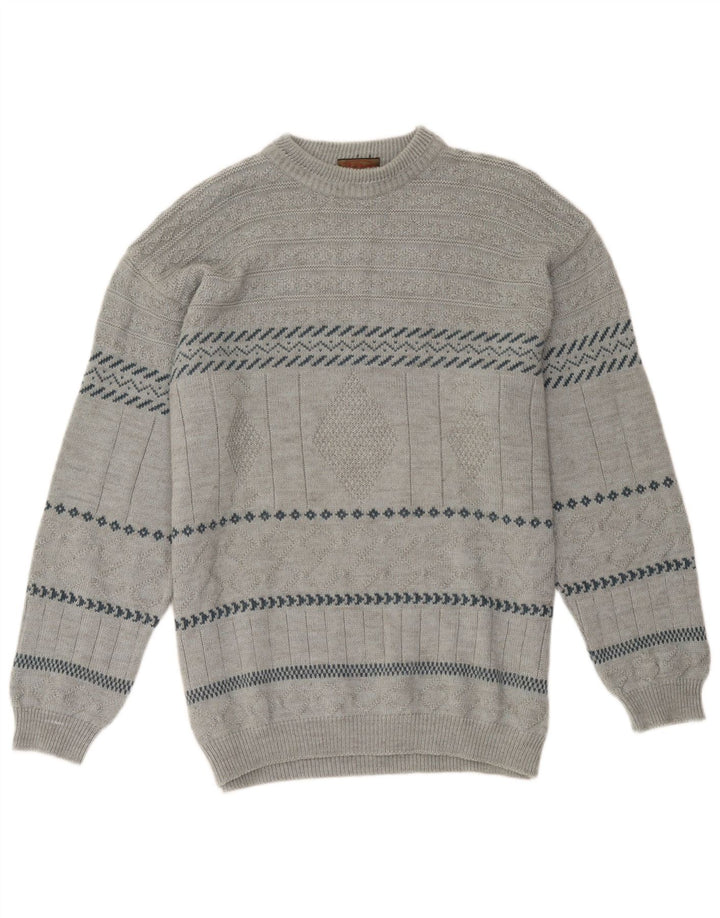 Maglione maglione girocollo da uomo vintage grande acrilico geometrico grigio