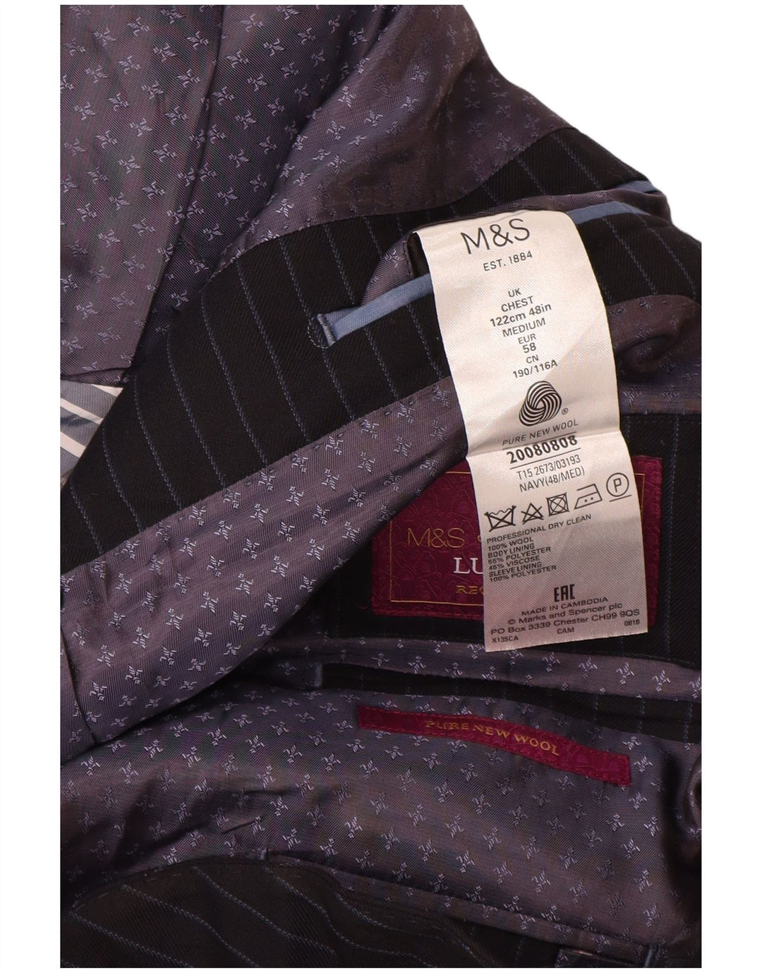 Giacca blazer a 2 bottoni da uomo Marks & Spencer UK 48 4XL Gessato blu navy