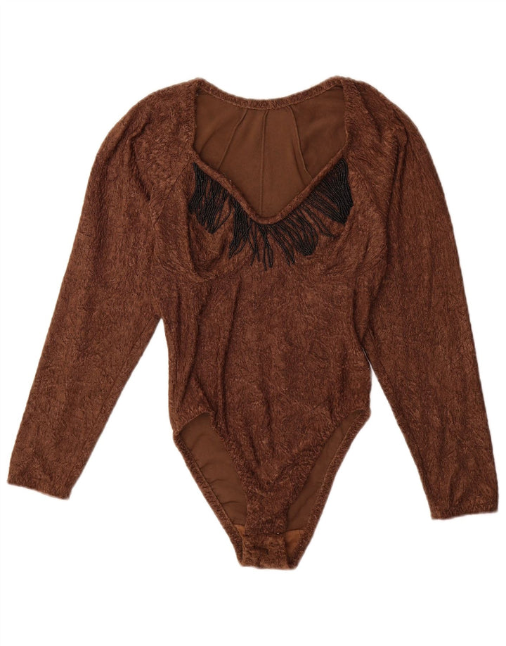 Body vintage da donna a maniche lunghe UK 12 Poliammide marrone medio