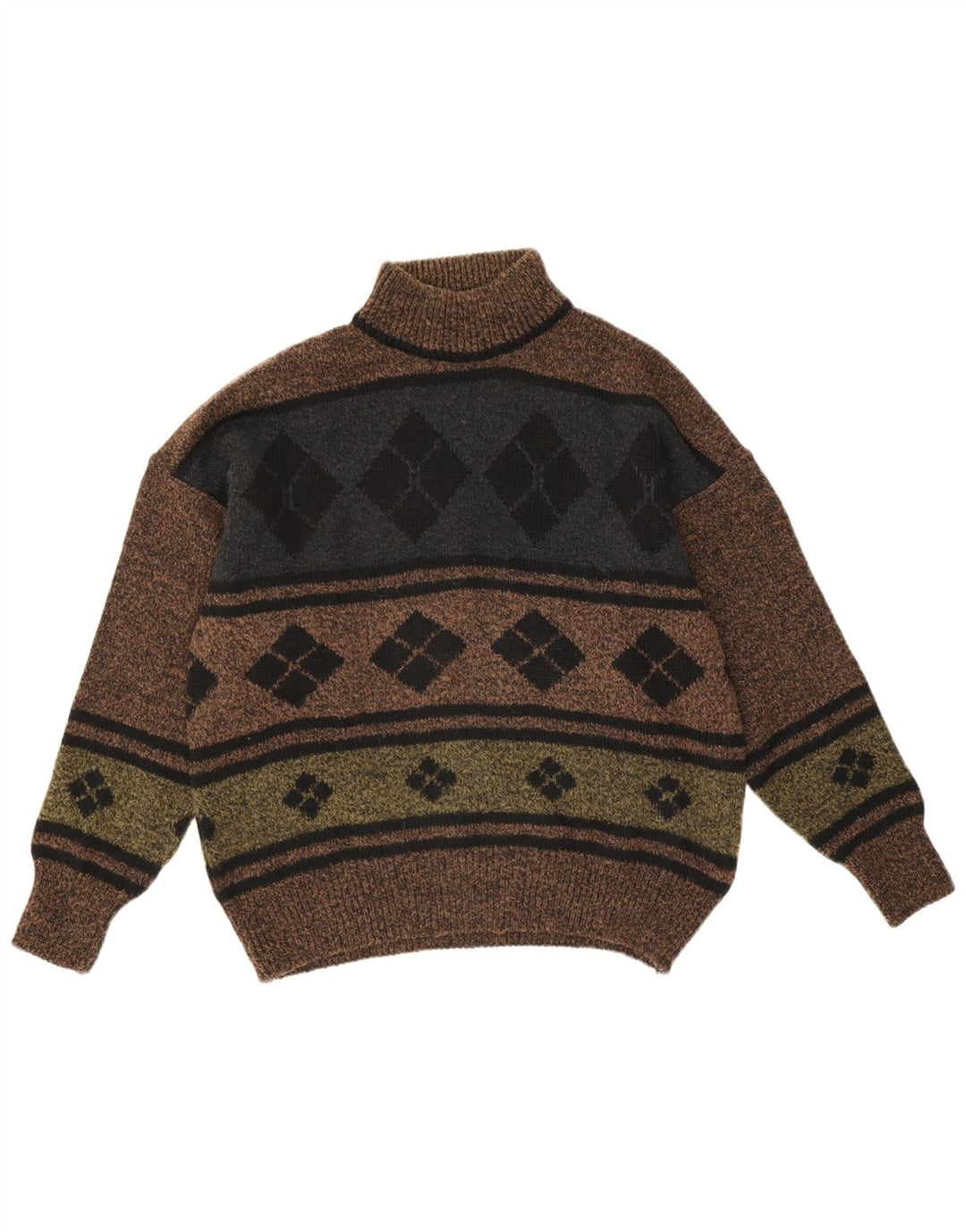 Maglione vintage da uomo con collo alto e collo alto IT 48 Marrone medio a rombi/diamante