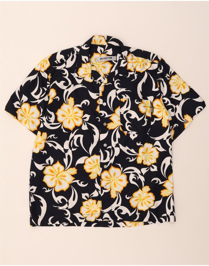 VINTAGE Mens Short Sleeve Shirt Large Navy Blue Floral
