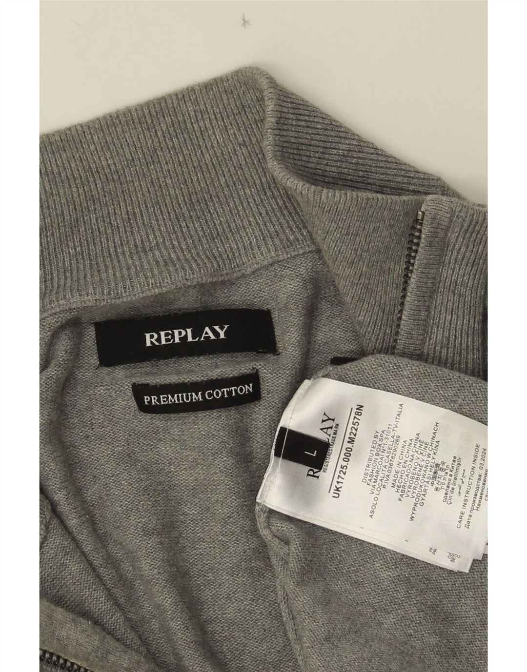 Maglione Replay da uomo con zip e collo grande in cotone grigio