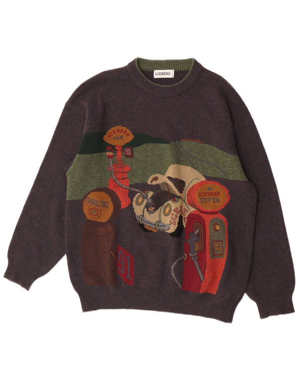 Iceberg Maglione girocollo con grafica da uomo XL in lana grigia retrò