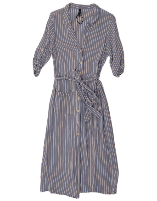 Abito chemisier a maniche corte da donna Zara UK 14 Viscosa gessata blu grande