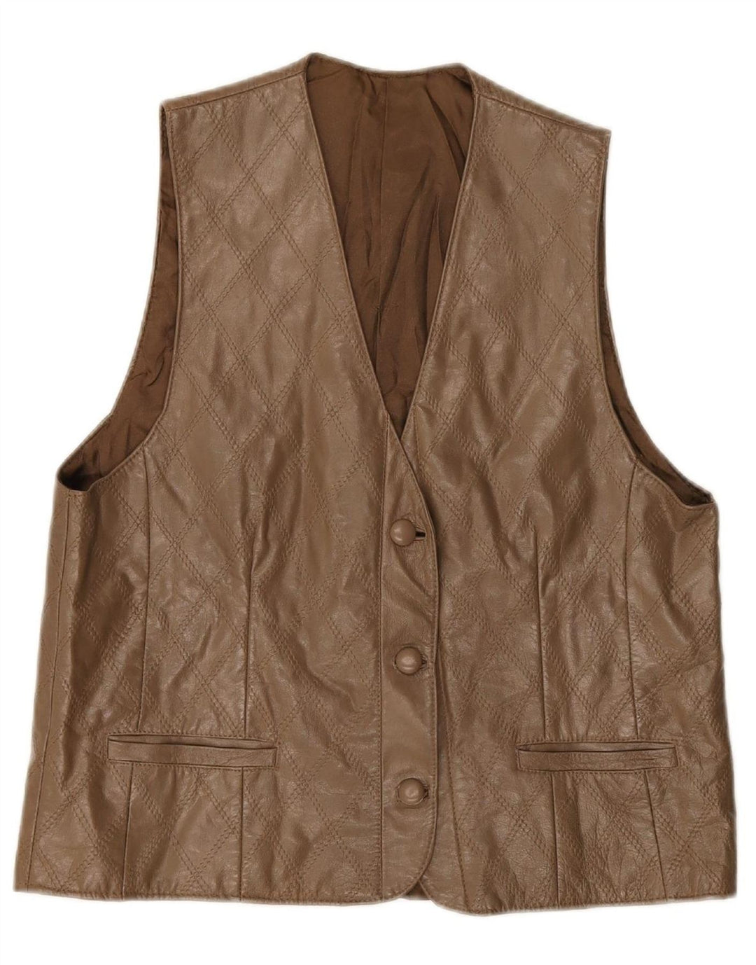 VINTAGE Womens Leather Waistcoat UK 16 Large Brown Check