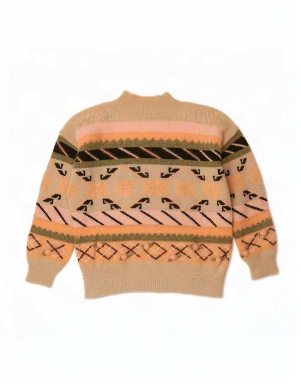 Maglione maglione vintage da donna con collo dolcevita UK 16 Large Beige Fair Isle