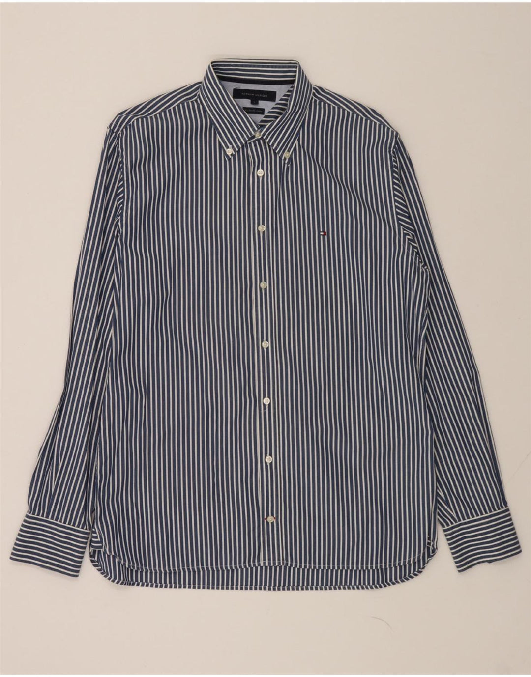 TOMMY HILFIGER Mens Shirt Large Navy Blue Striped Cotton Vintage Tommy Hilfiger and Second-Hand Tommy Hilfiger from Messina Hembry 
