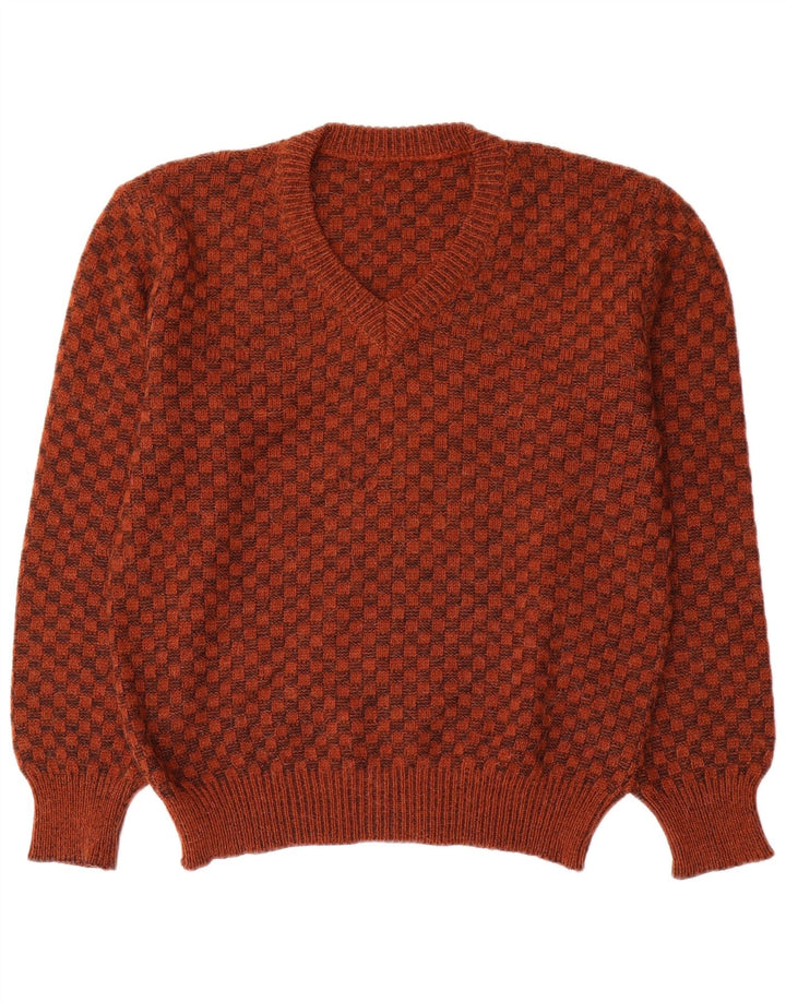 Maglione vintage da uomo con scollo a V piccolo marrone geometrico
