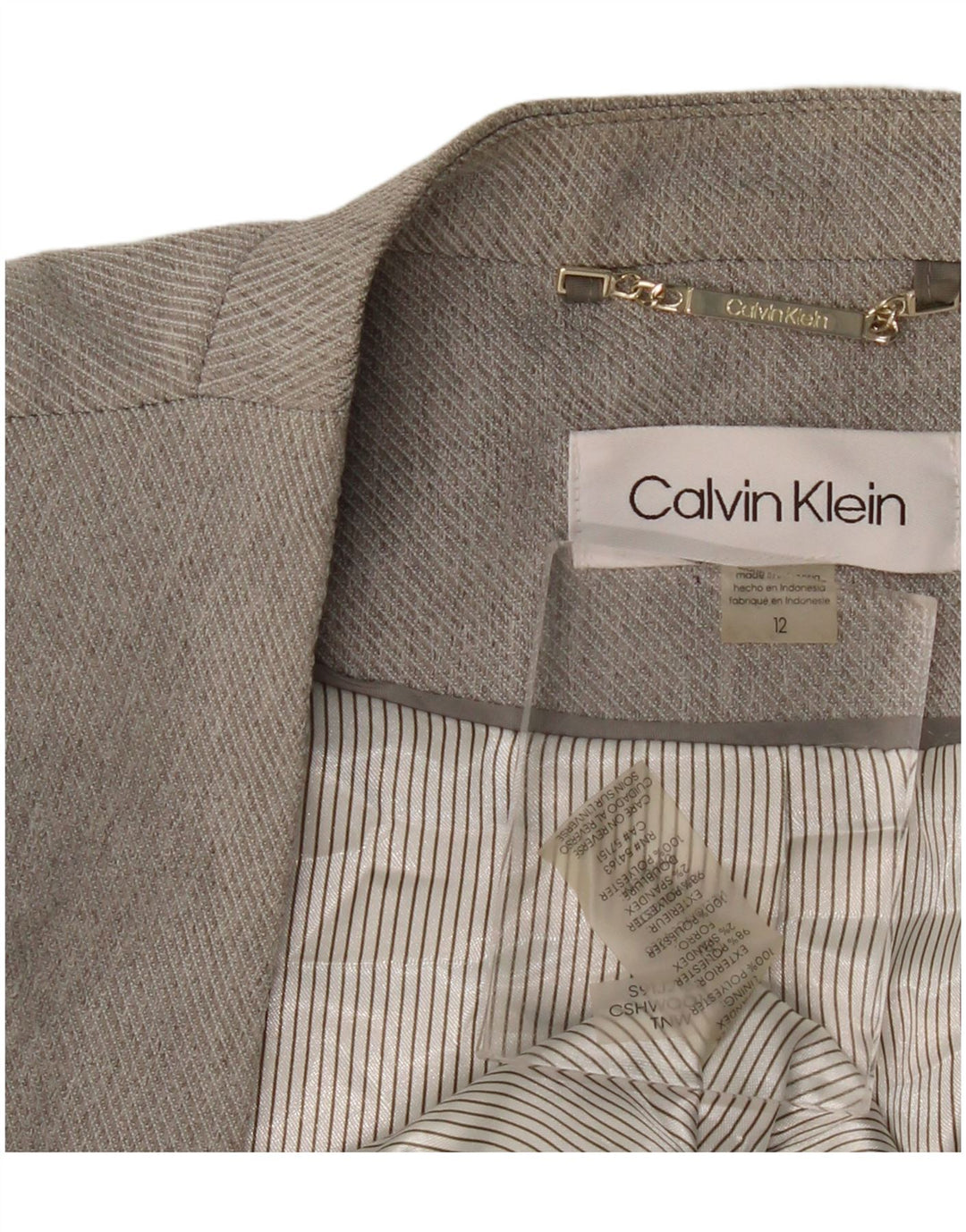 CALVIN KLEIN Giacca blazer aperta lunga da donna US 12 Large Grigio Poliestere