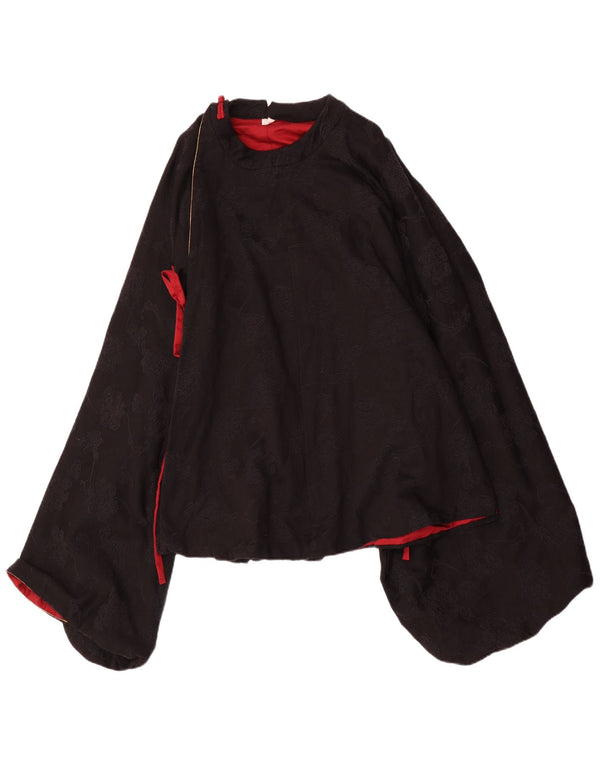 Top camicetta poncho a maniche lunghe da donna vintage UK 12 medio nero floreale