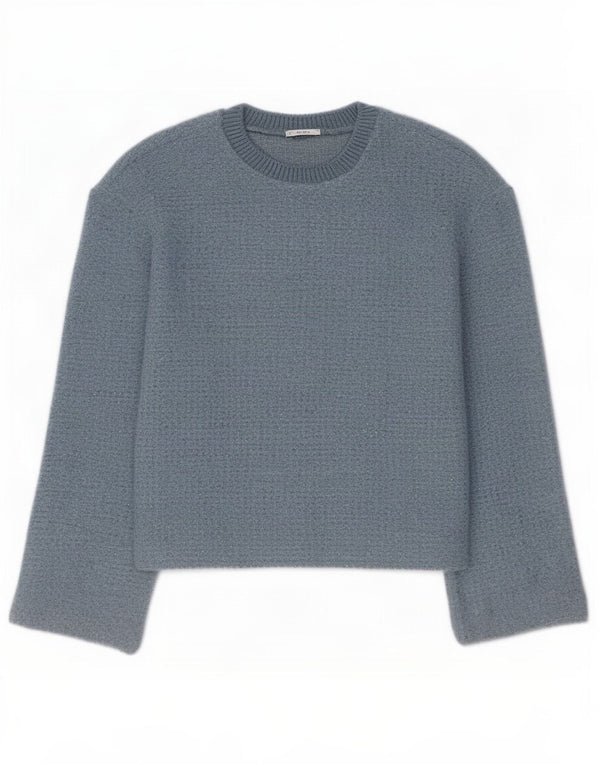 Zara Womens Crop Crew Neck Jumper Sweater UK 14 Medium Blue Polyester