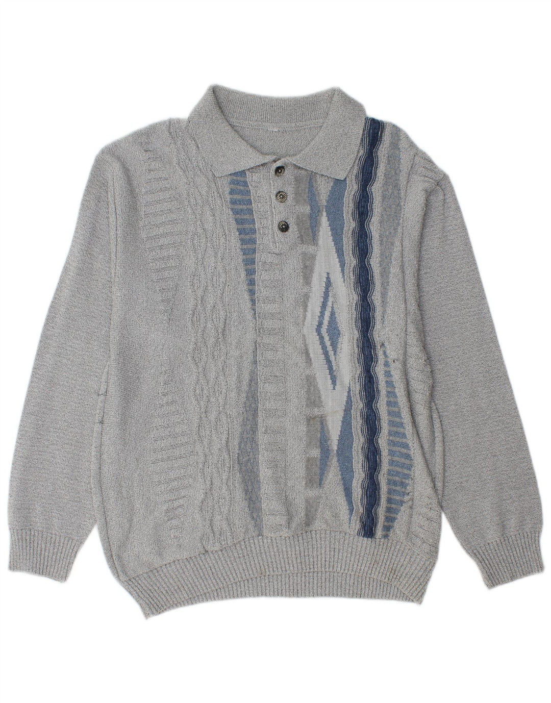 Maglione vintage da uomo con collo a polo grigio medio geometrico