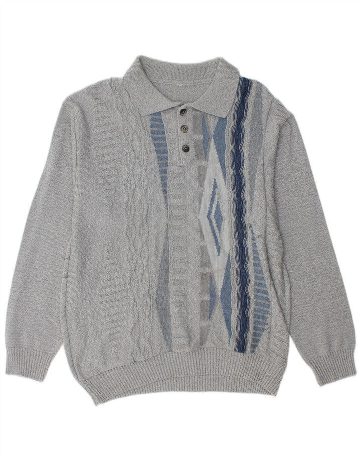 Maglione vintage da uomo con collo a polo grigio medio geometrico