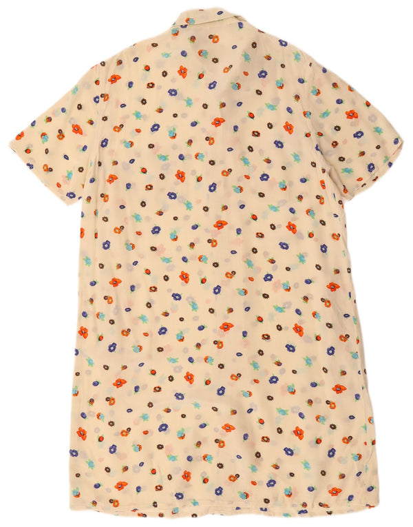 Abito chemisier vintage da donna a maniche corte IT 46 grande motivo floreale beige