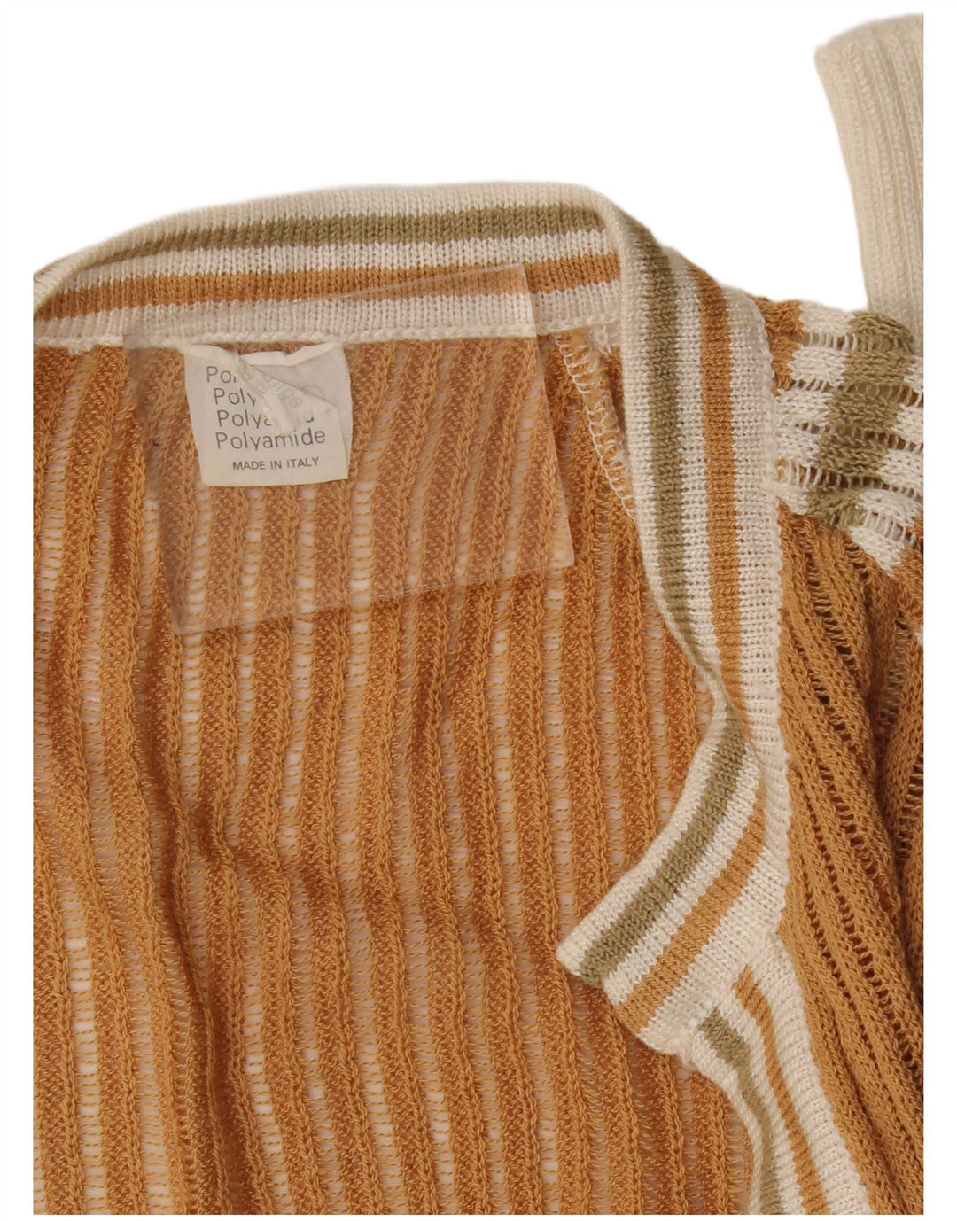 Maglione cardigan aperto da donna vintage UK 10 piccolo poliammide a righe marroni