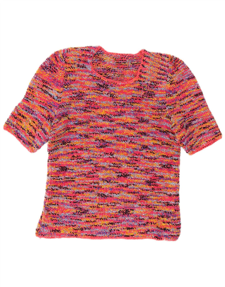 Maglione maglione girocollo da donna vintage UK 10 piccolo multicolore chiazzato