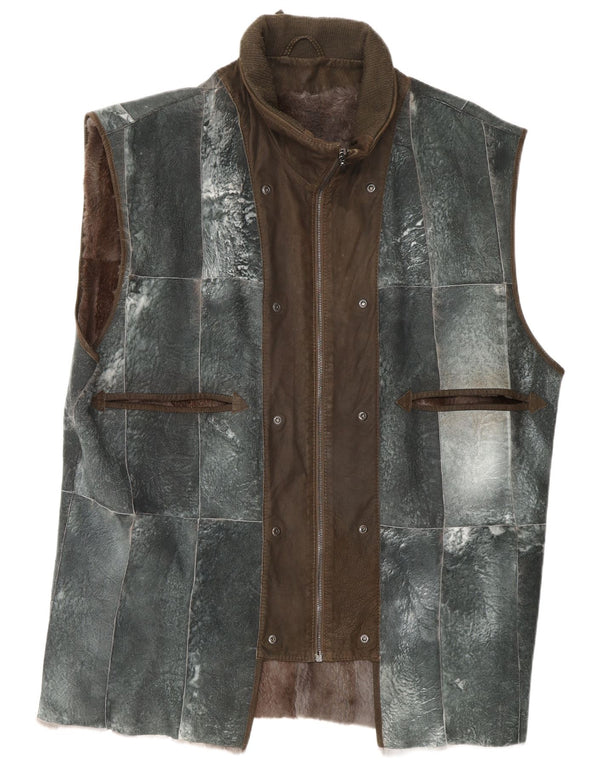 REIHER Gilet in pelle da uomo con fodera in shearling EU 54 2XL Pelle patchwork grigia