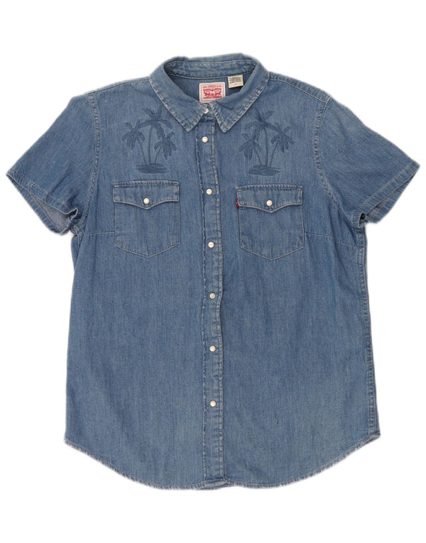 LEVI'S Camicia in denim a maniche corte con grafica da donna UK 14 Cotone blu medio