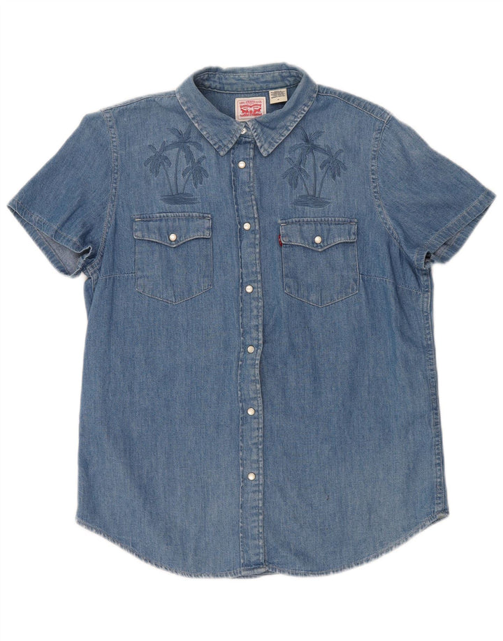 LEVI'S Camicia in denim a maniche corte con grafica da donna UK 14 Cotone blu medio