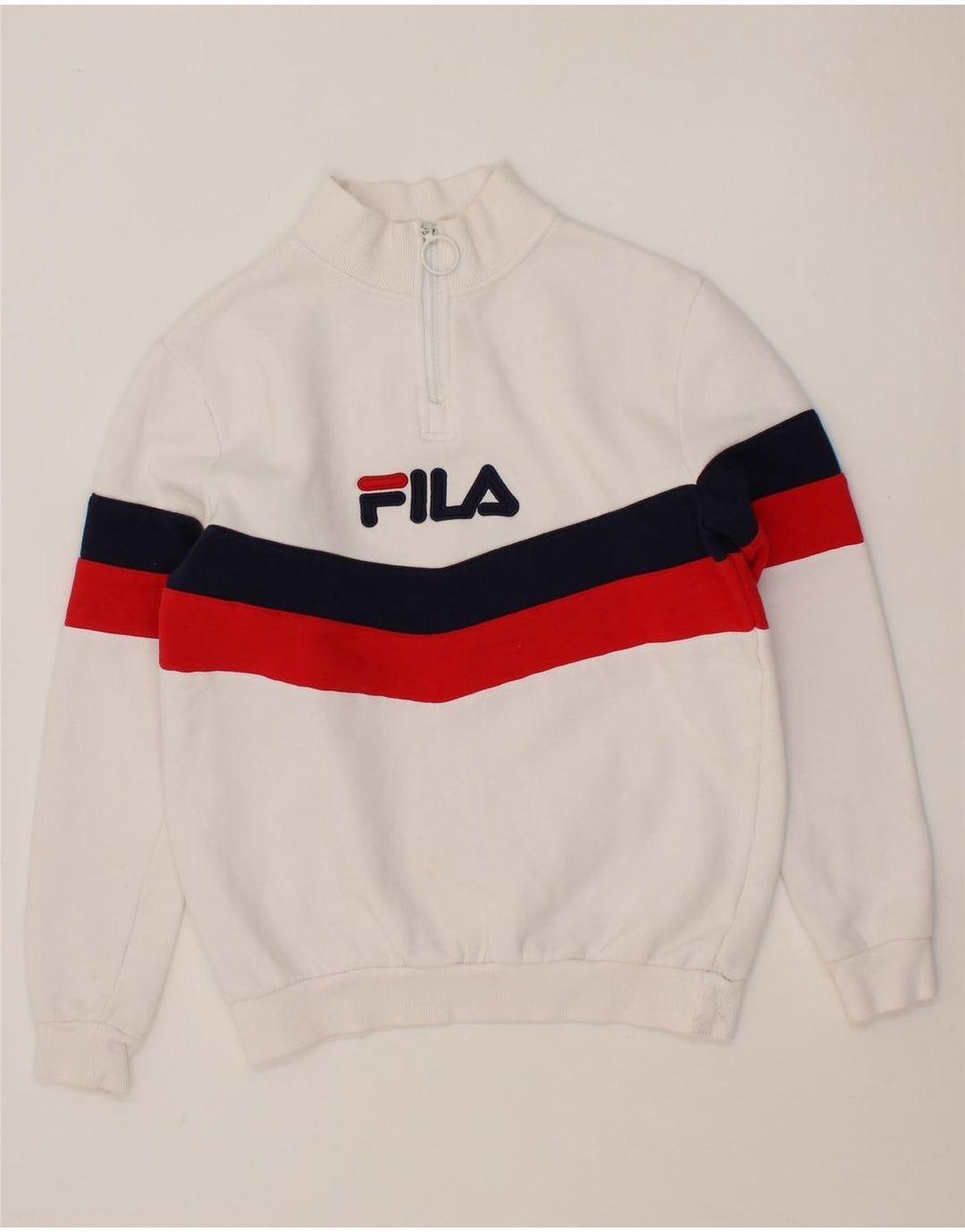 FILA Womens Oversized Graphic Zip Neck Sweatshirt Jumper UK 2 2XS White Vintage Fila and Second-Hand Fila from Messina Hembry 