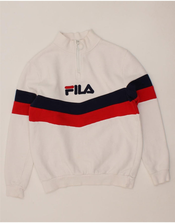 FILA Womens Oversized Graphic Zip Neck Sweatshirt Jumper UK 2 2XS White Vintage Fila and Second-Hand Fila from Messina Hembry 
