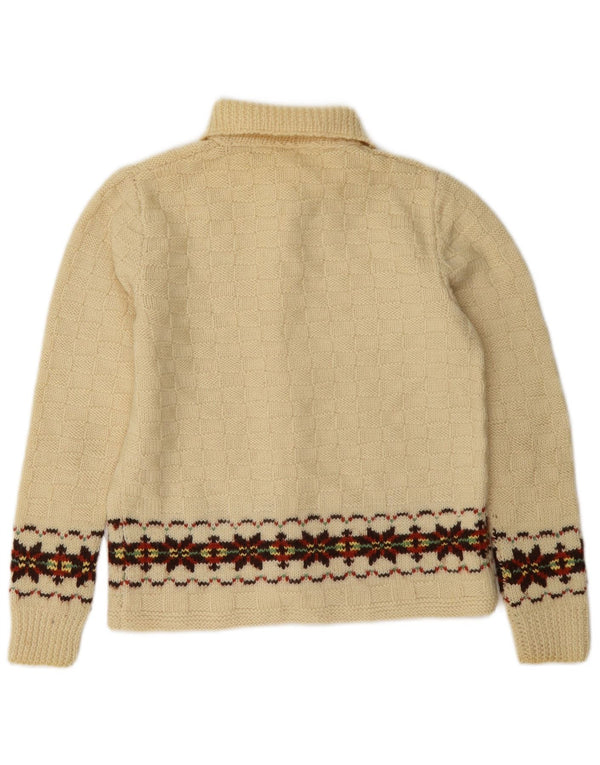 Maglione cardigan da donna vintage UK 10 piccolo bianco sporco Fair Isle