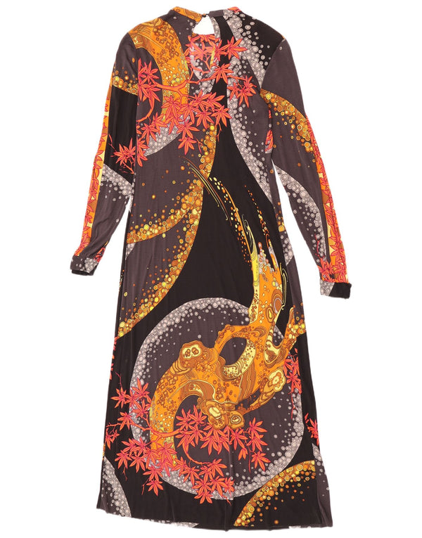 Abito maxi a maniche lunghe con grafica vintage da donna UK 8 piccolo floreale nero