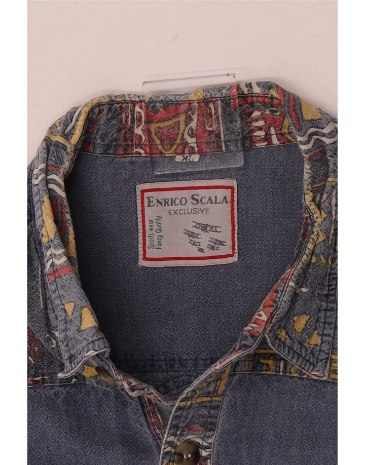 Camicia vintage da uomo a maniche corte XL Blu Patchwork Retro