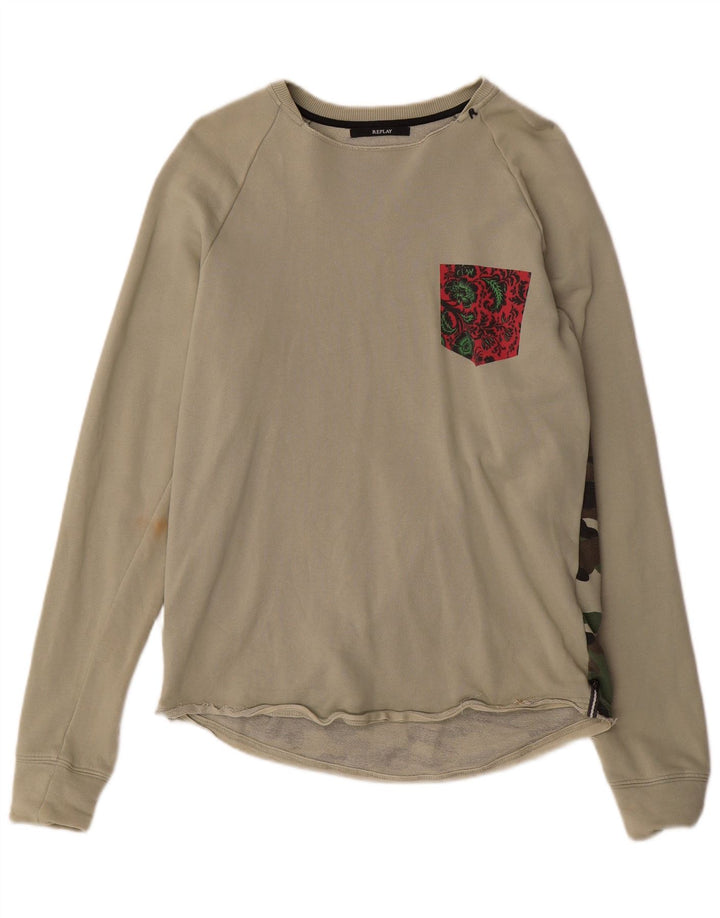 Felpa grafica da uomo Replay, maglione medio, cotone mimetico kaki