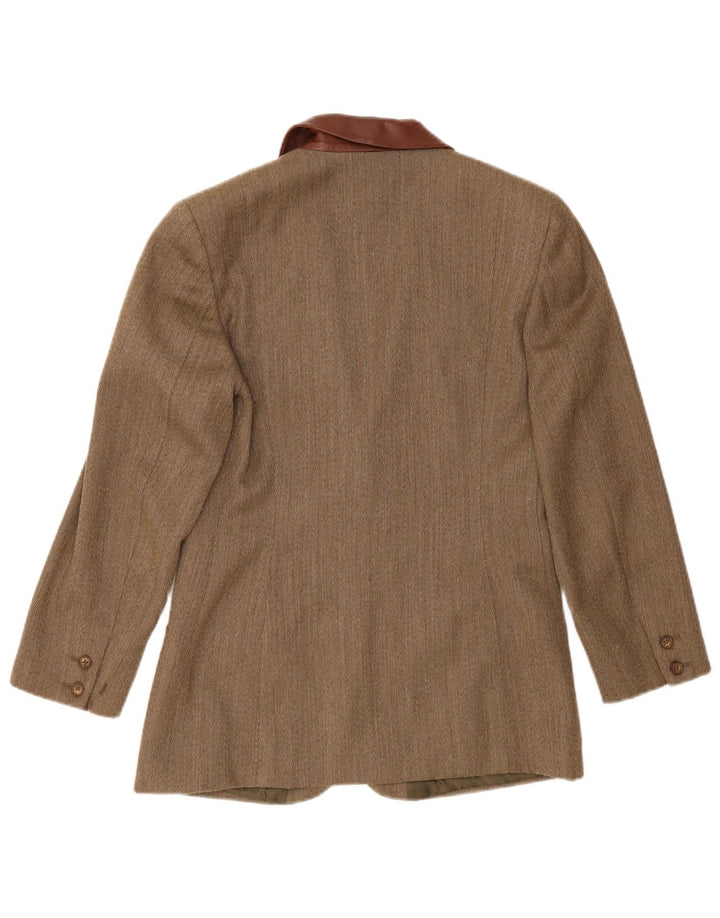 Giacca blazer vintage da donna a 2 bottoni UK 14 media kaki a spina di pesce