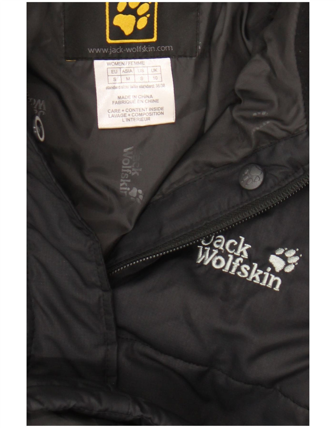 Cappotto imbottito con cappuccio da donna Jack Wolfskin UK 10 piccolo poliestere nero