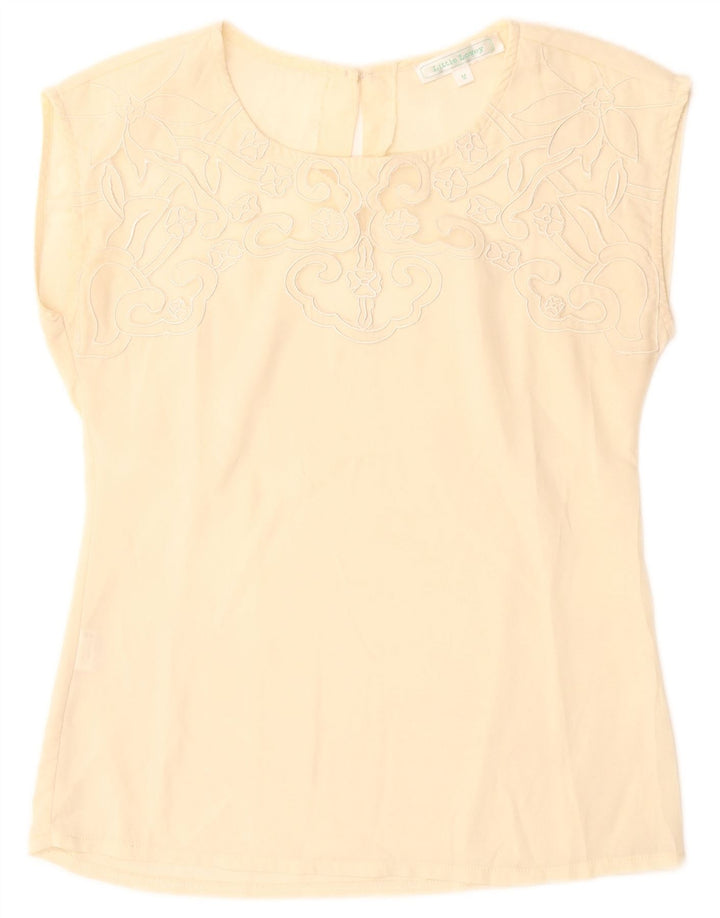 Top camicetta da donna vintage UK 12 Poliestere floreale beige medio