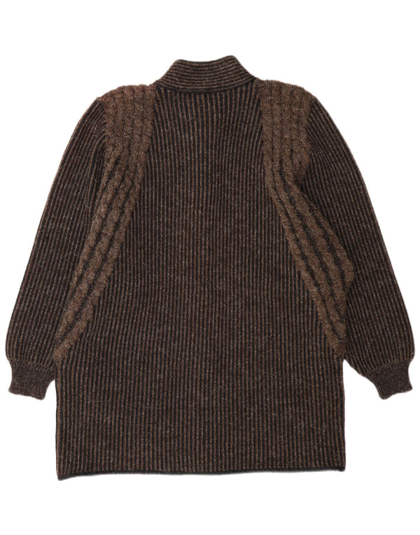 Maglione cardigan lungo da donna vintage UK 14 gessato marrone medio