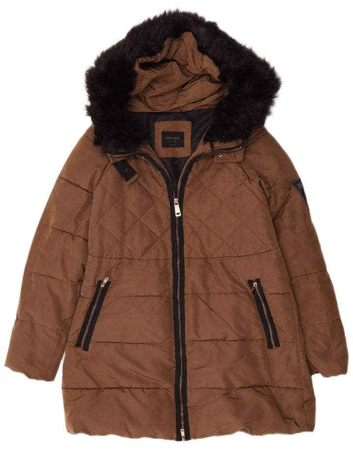 Cappotto imbottito con cappuccio da donna Zara UK 16 grande poliestere marrone