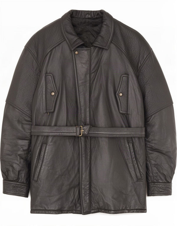 Cappotto in pelle vintage da uomo IT 54 2XL Nero