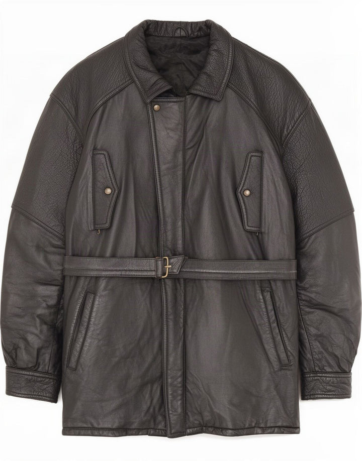 Cappotto in pelle vintage da uomo IT 54 2XL Nero