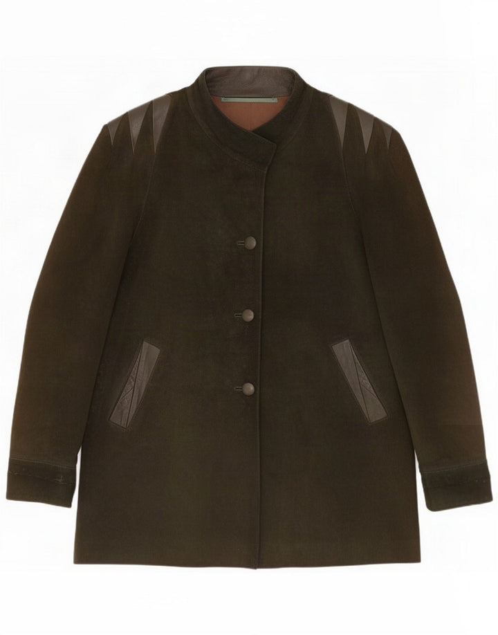 Cappotto oversize vintage in pelle scamosciata da donna UK 14 Medium Khaki