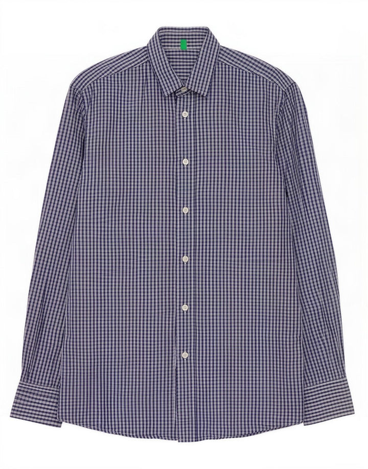 Camicia Benetton Uomo Cotone Check Blu Medio