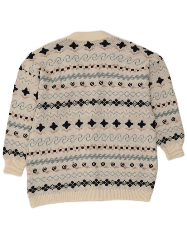 Maglione cardigan da donna vintage UK 16 Large White Fair Isle