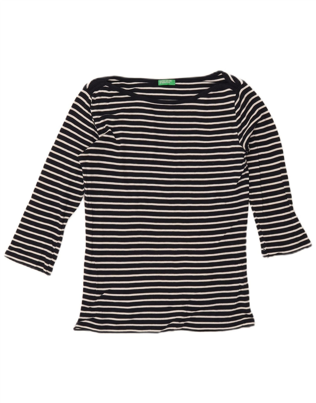 BENETTON Top da donna manica 3/4 UK 10 piccolo cotone a righe blu navy