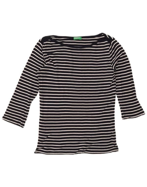 BENETTON Top da donna manica 3/4 UK 10 piccolo cotone a righe blu navy